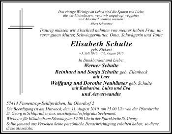 Traueranzeige von Elisabeth Schulte von Tageszeitung