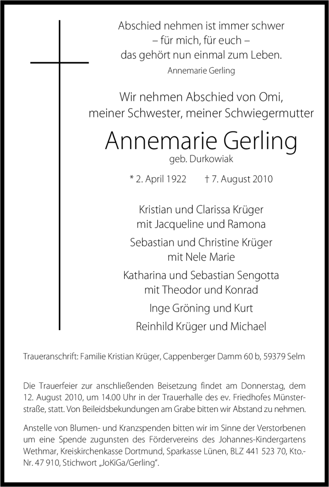  Traueranzeige für Annemba Gerling vom 10.08.2010 aus Tageszeitung