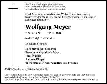 Traueranzeige von Wolfgang Meyer von Tageszeitung