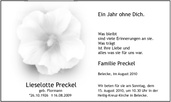 Traueranzeige von Lieselotte Preckel von Tageszeitung