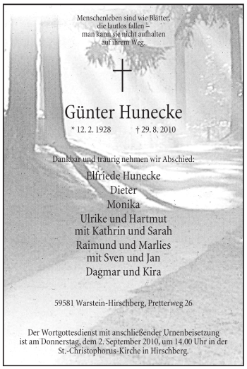 Traueranzeige von Günter Hunecke von Tageszeitung