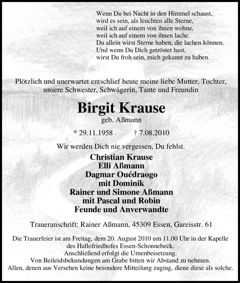  Traueranzeige für Birgit Krause vom 18.08.2010 aus Tageszeitung