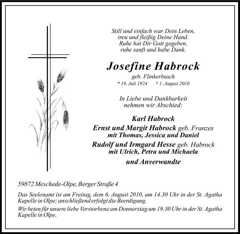  Traueranzeige für Josefine Habrock vom 03.08.2010 aus Tageszeitung