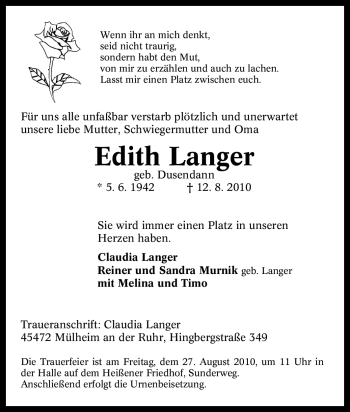 Traueranzeige von Edith Langer von Tageszeitung