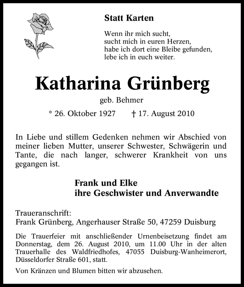  Traueranzeige für Katharina Grünberg vom 19.08.2010 aus Tageszeitung
