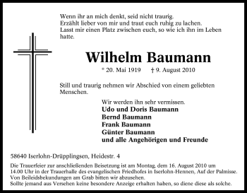 Traueranzeige von Wilhelm Baumann von Tageszeitung