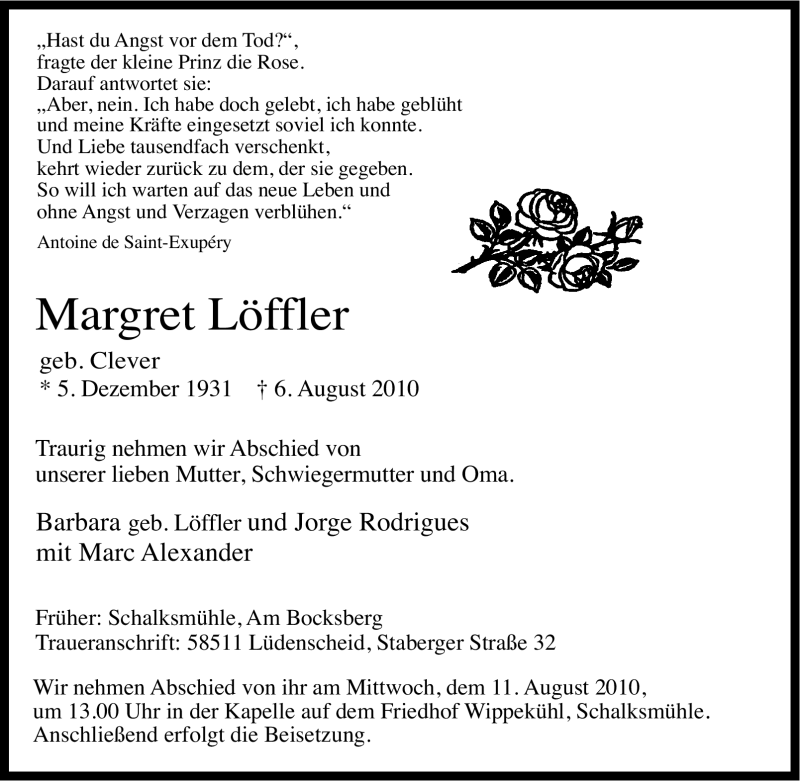  Traueranzeige für Margret Löffler vom 09.08.2010 aus Tageszeitung