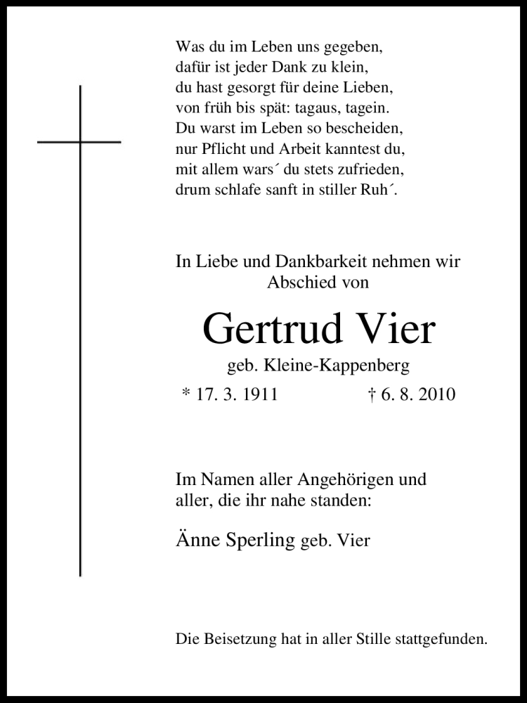 Traueranzeigen von gertrud vier trauer in nrw de