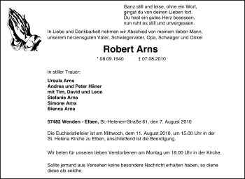 Traueranzeige von Robert Arns von Tageszeitung