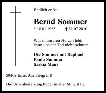 Traueranzeige von Bernd Sommer von Tageszeitung