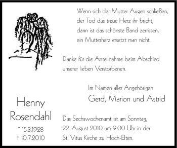 Traueranzeige von Henny Rosendahl von Tageszeitung