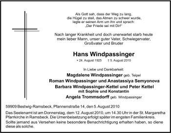 Traueranzeige von Hans Windpassinger von Tageszeitung