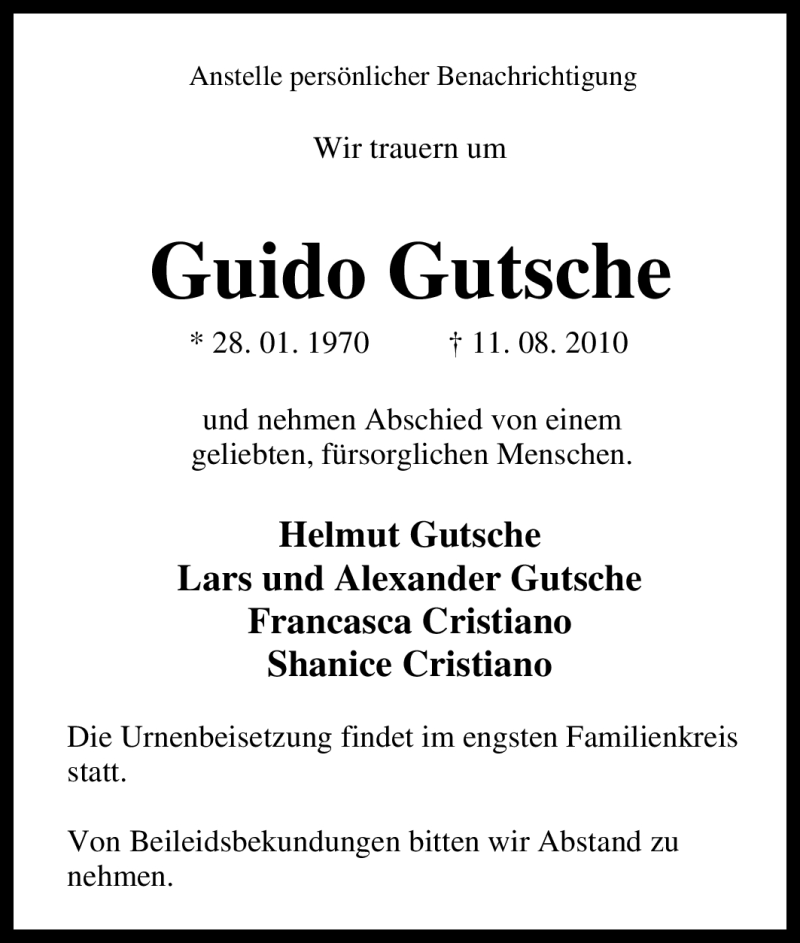  Traueranzeige für Guido Gutsche vom 18.08.2010 aus Tageszeitung