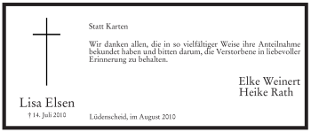 Traueranzeige von Lisa Elsen von Tageszeitung