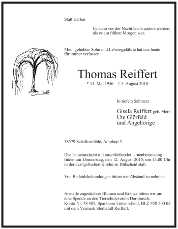 Traueranzeige von Thomas Reiffert von Tageszeitung