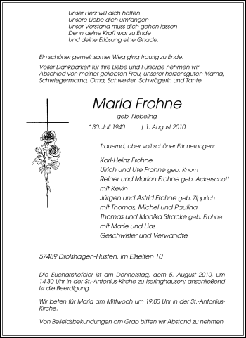 Traueranzeige von Maria Frohne von Tageszeitung