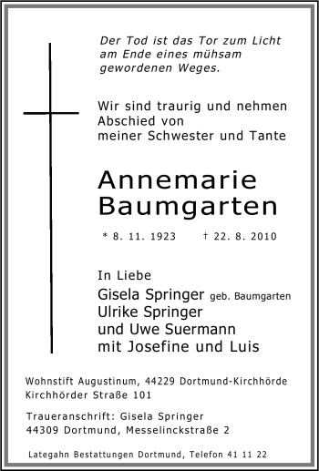 Traueranzeige von Annemarie Baumgarten von Tageszeitung