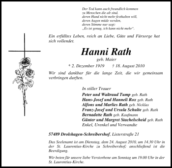 Traueranzeige von Hanni Rath von Tageszeitung