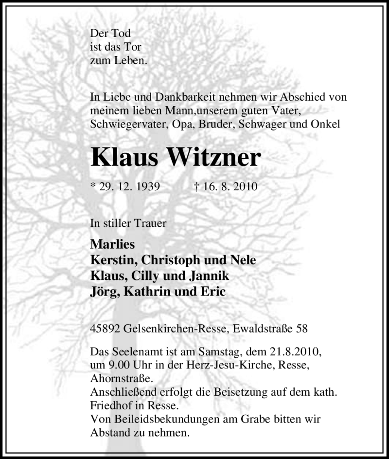 Traueranzeige für Klaus Witzner vom 19.08.2010 aus Tageszeitung