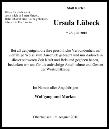 Traueranzeige von Ursula Lübeck von Tageszeitung