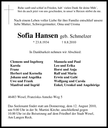Traueranzeige von Sofia Hansen von Tageszeitung