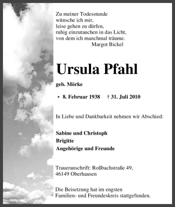 Traueranzeige von Ursula Pfahl von Tageszeitung