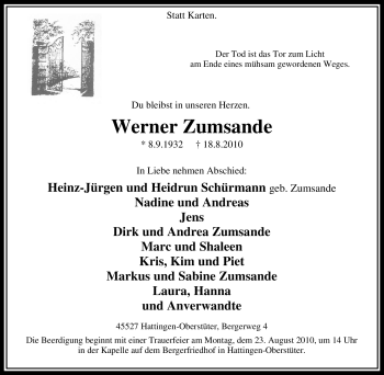 Traueranzeige von Werner Zumsande von Tageszeitung