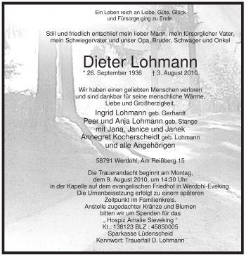 Traueranzeige von Dieter Lohmann von Tageszeitung