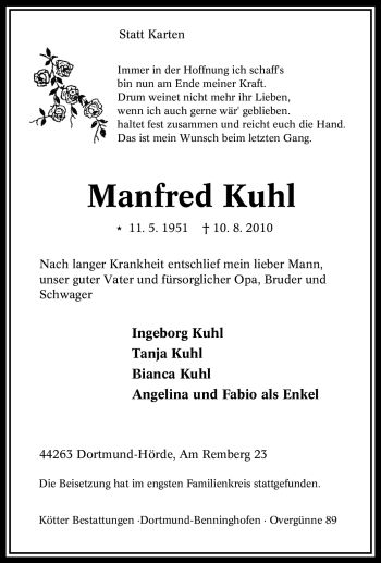 Traueranzeige von Manfred Kuhl von Tageszeitung