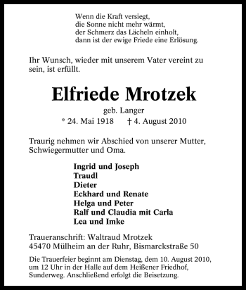 Traueranzeige von Elfriede Mrotzek von Tageszeitung