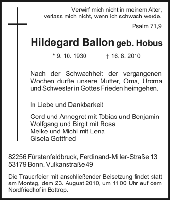 Traueranzeige von Hildegard Ballon von Tageszeitung