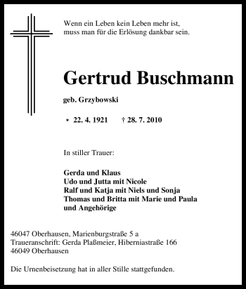 Traueranzeige von Gertrud Buschmann von Tageszeitung