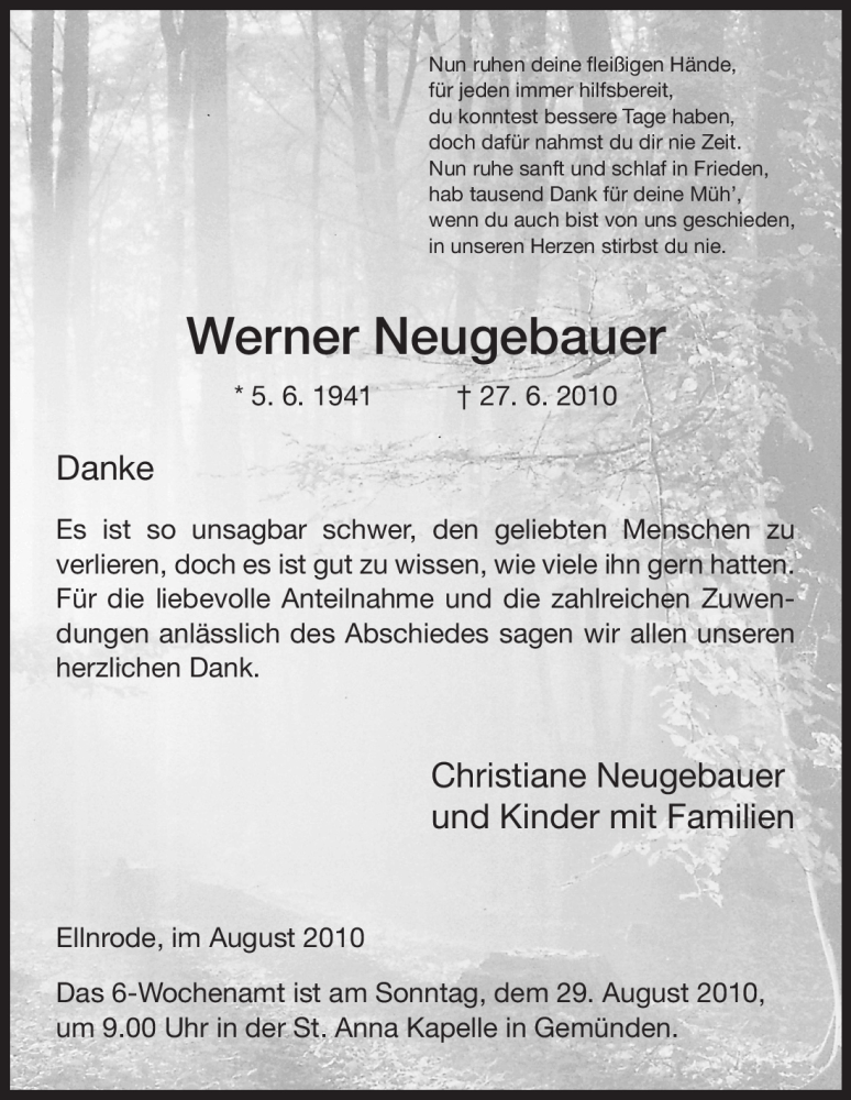  Traueranzeige für Werner Neugebauer vom 21.08.2010 aus WESTDEUTSCHE ALLGEMEINE ZEITUNG
