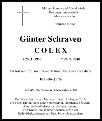 Traueranzeige von Günter Schraven von Tageszeitung