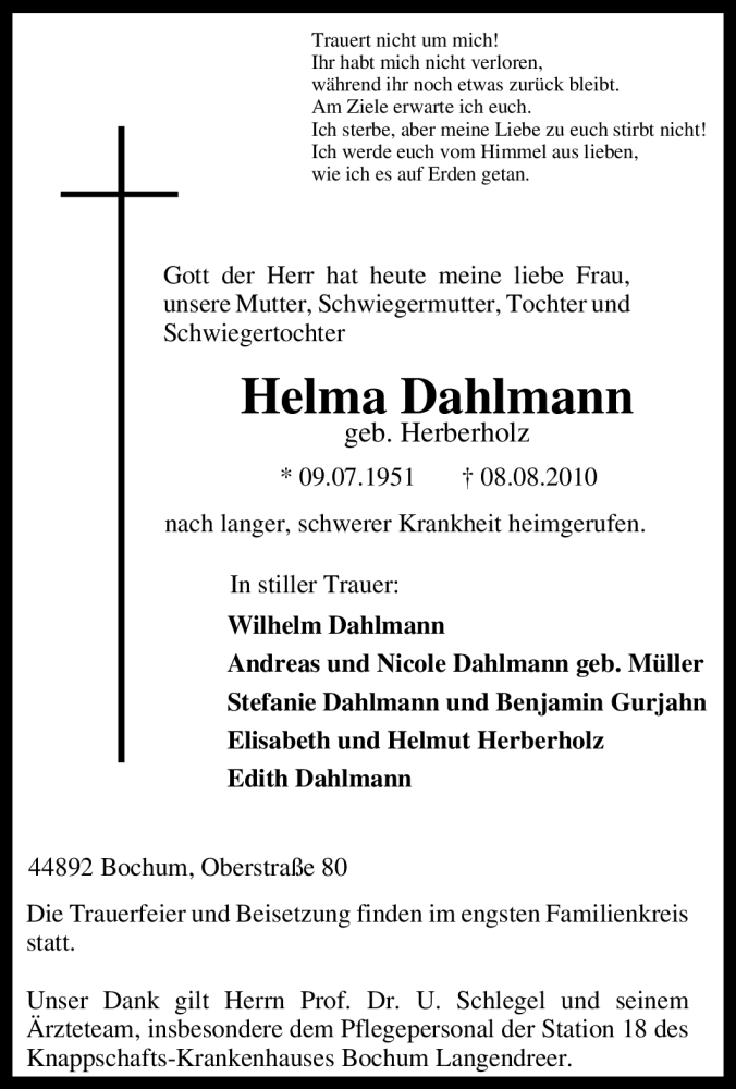 Traueranzeige für Helma Dahlmann vom 10.08.2010 aus Tageszeitung