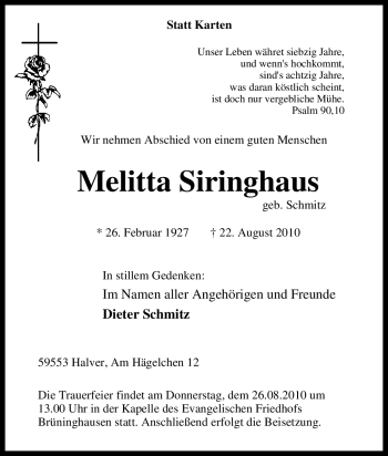 Traueranzeige von Melitta Siringhaus von Tageszeitung