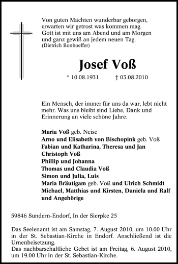 Traueranzeige von Josef Voß von Tageszeitung