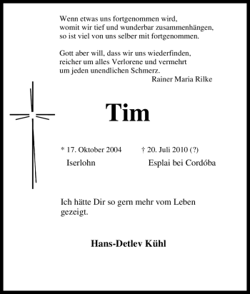 Traueranzeige von Tim  von Tageszeitung