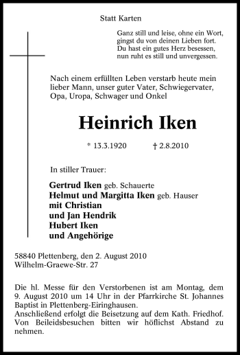 Traueranzeige von Heinrich Iken von Tageszeitung