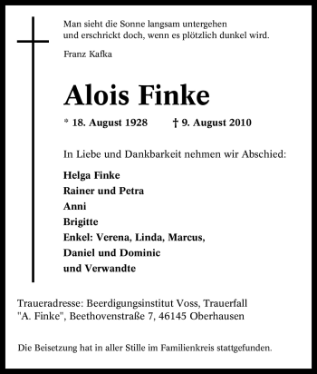Traueranzeige von Alois Finke von Tageszeitung