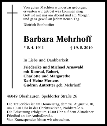 Traueranzeige von Barbara Mehrhoff von Tageszeitung