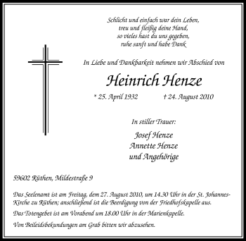 Traueranzeige von Heinrich Henze von Tageszeitung