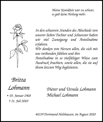 Traueranzeige von Britta Lohmann von Tageszeitung