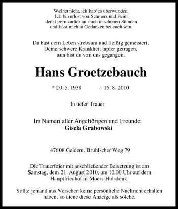 Traueranzeige von Hans Groetzebauch von Tageszeitung