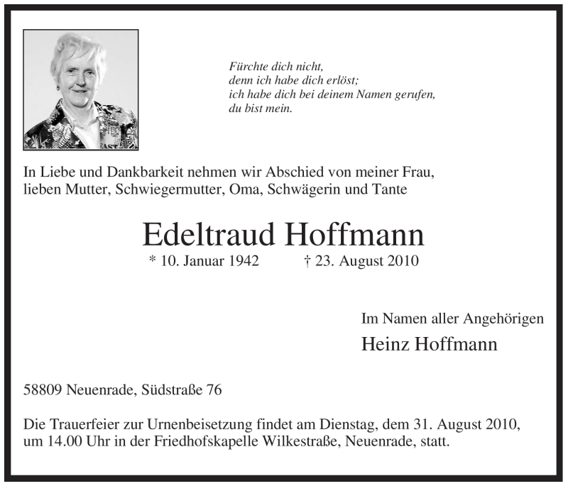  Traueranzeige für Edeltraud Hoffmann vom 28.08.2010 aus Tageszeitung