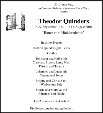 Traueranzeige von Theodor Quinders von Tageszeitung
