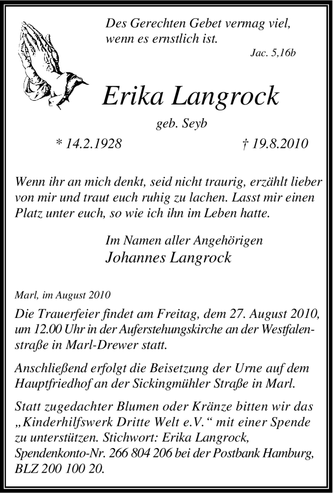  Traueranzeige für Erika Langrock vom 21.08.2010 aus Tageszeitung
