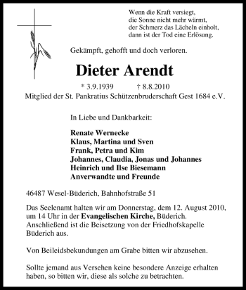 Traueranzeige von Dieter Arendt von Tageszeitung