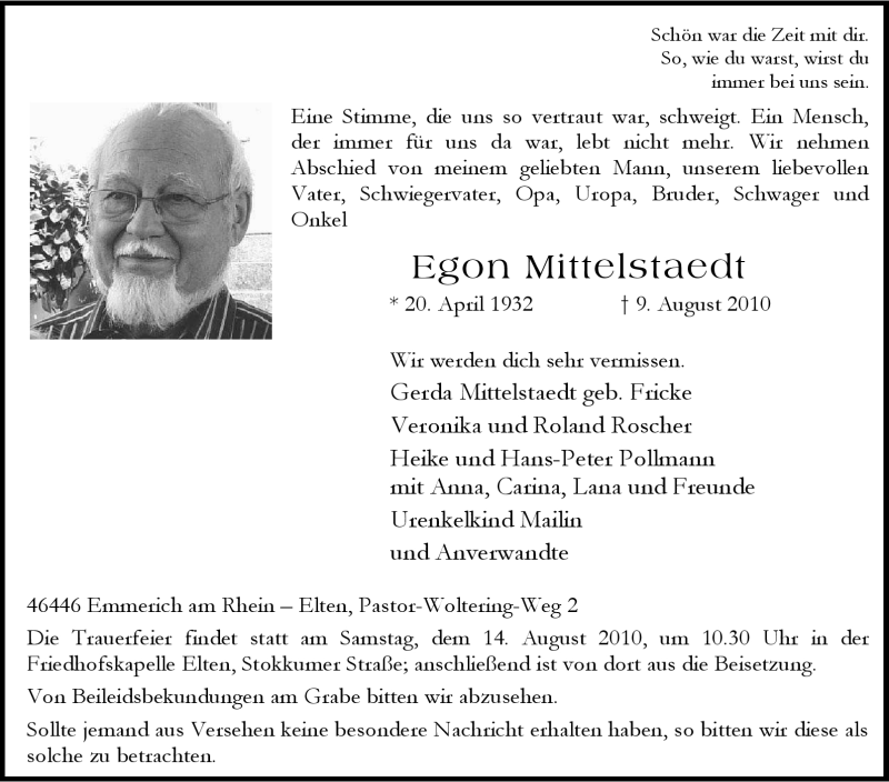  Traueranzeige für Egon Mittelstaedt vom 11.08.2010 aus Tageszeitung