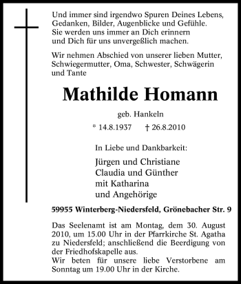 Traueranzeige von Mathilde Homann von Tageszeitung